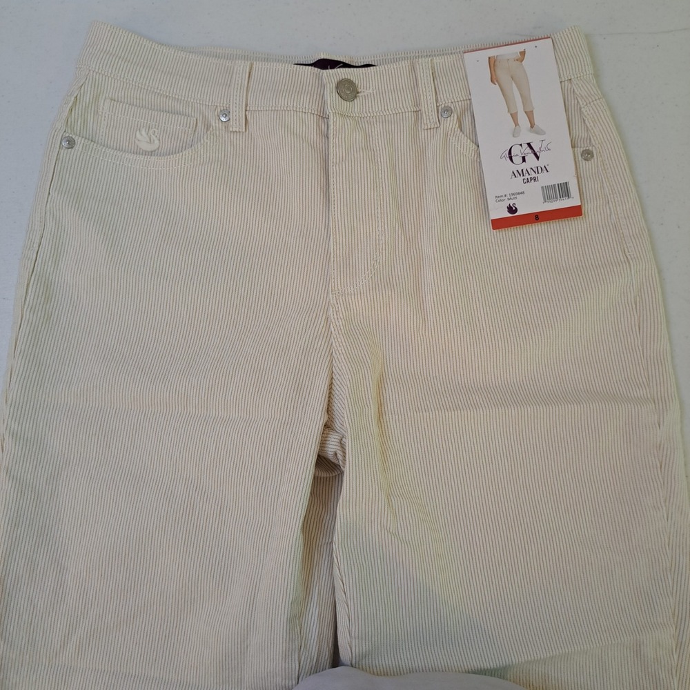 Gloria Vanderbilt Capri Pants Women 8 Cream Striped NWT Studded Hem 1562-224
